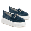 Дамски мокасини от естествен велур – стилен модел с декоративен метален акцент и дебела подметка за модерно ежедневие FT127 navy